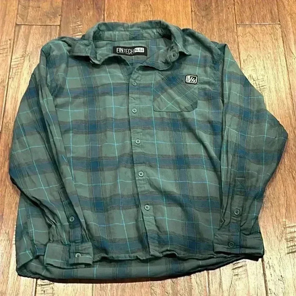 XL FINTECH Blue / Dark Green Checkered Button Down Shirt - Picture 7 of 8